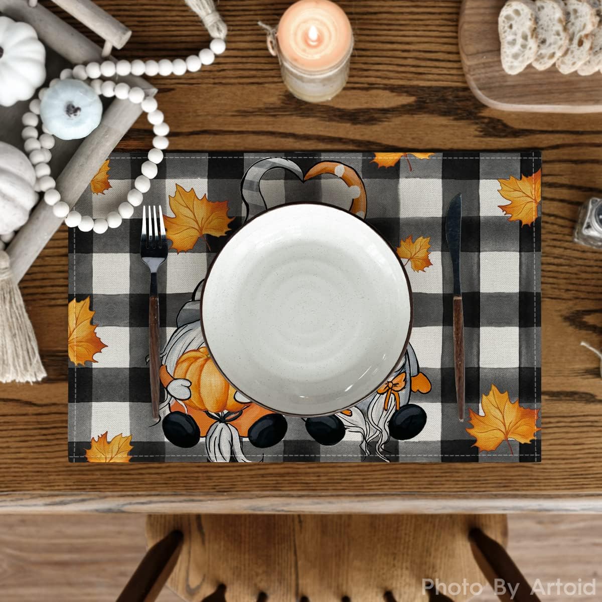 Set of 4 Buffalo Plaid Gnome Fall Placemats - 12x18 Inch
