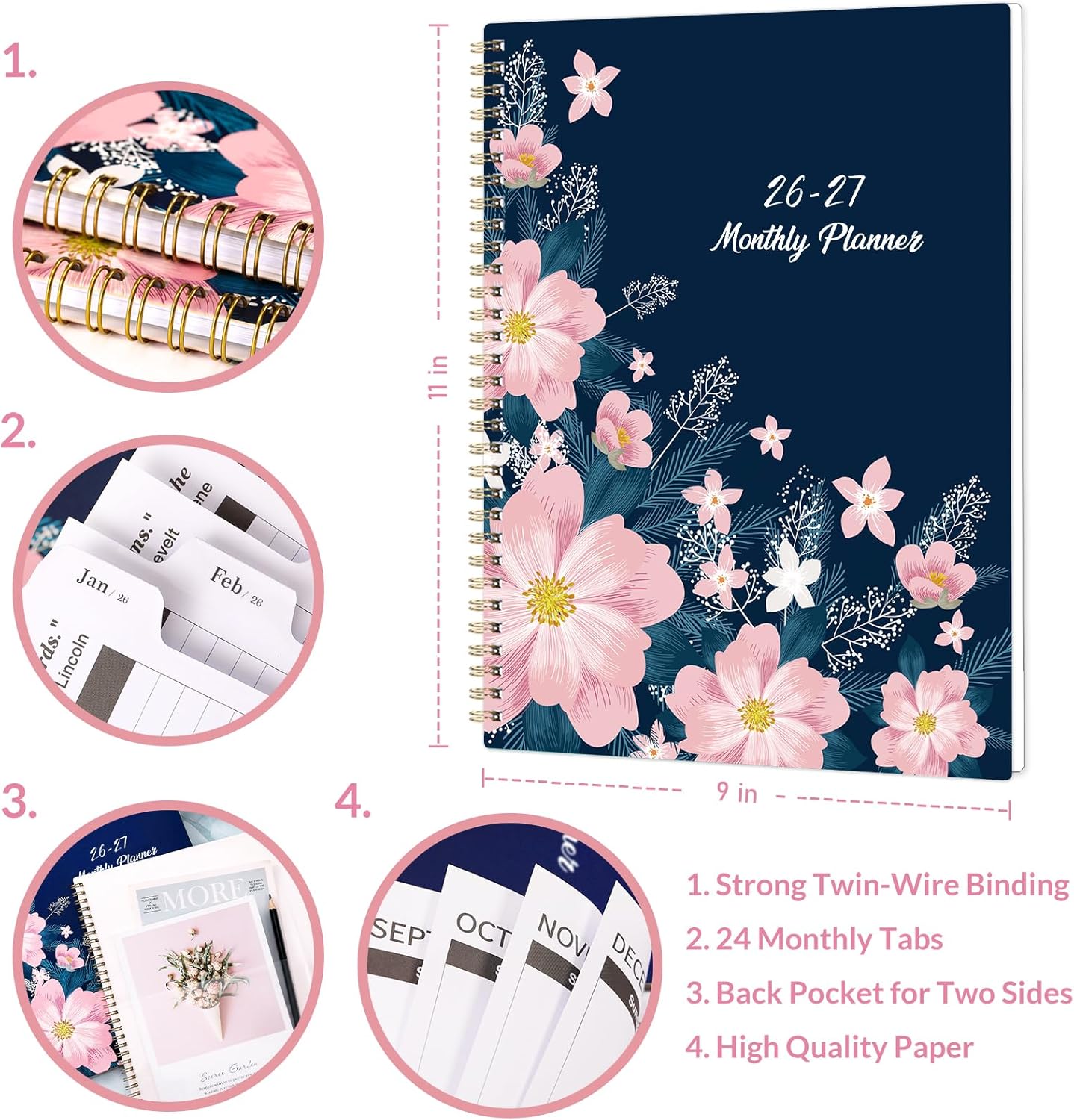 2026-2027 Monthly Planner/Calendar - Jan. 2026 - Dec. 2027, 9&#x22; x 11&#x22; Planner 2026-2027, 2-Size Pocket, Monthly Tabs, Premium Paper