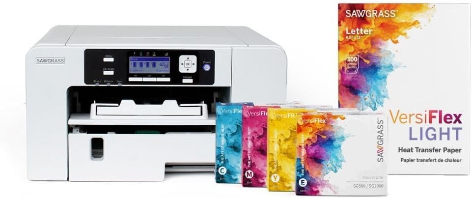 Sawgrass SG500 VersiFlex Printer Bundle, Innovative Inks &#x26; Light Heat Transfer Paper Bundle - Soft-Touch Infusible Ink, 8.5x11 Paper - Professional Results on Untreated Fabric and Wood