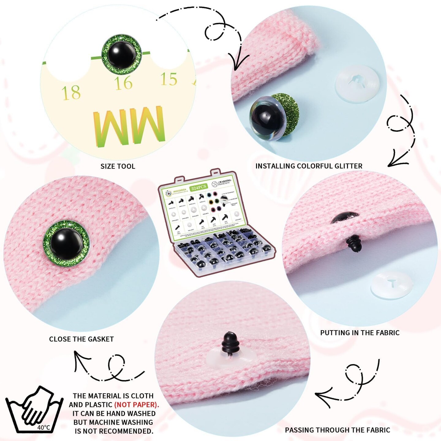 Upgraded Glitter Safety Eyes 324 Pcs 6-24mm Safety Eyes for Crocheting with Washers and Size Tools Large Crochet Safety Eyes for Amigurumi Gift for Crochet Lovers Halloween Decorations