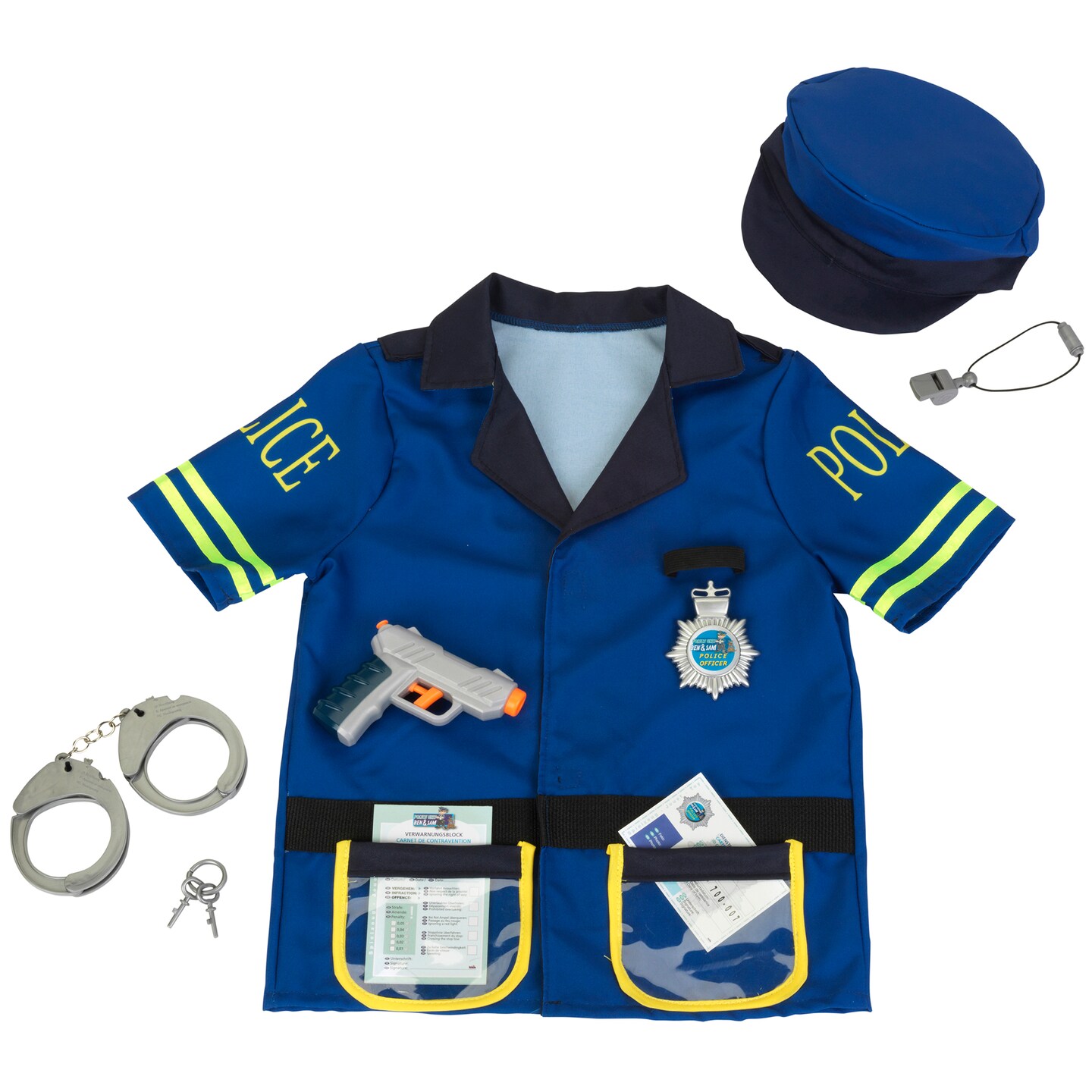 Klein: Police Costume - Blue & Yellow - 7pc Set, Dress Up Outfit & Toy Accessories, Hat-Handcuffs-Key-Whistle-Badge-Warning Pad, Kids Ages 3+