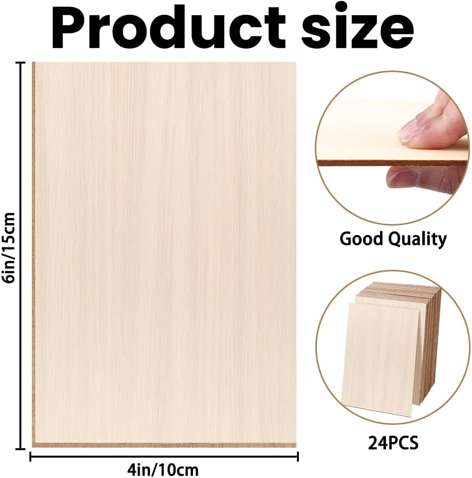 24 Pack Basswood Sheets - 4 x 6 x 1/16 Inch Thin Plywood Wood Squares for Crafts