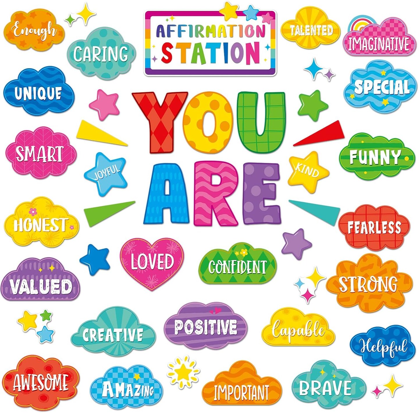 45pcs Bright Affirmation Bulletin Board Set – Motivational Posters, Growth Mindset Decor, Positive Affirmation Cutouts for Classroom, Office, or Home