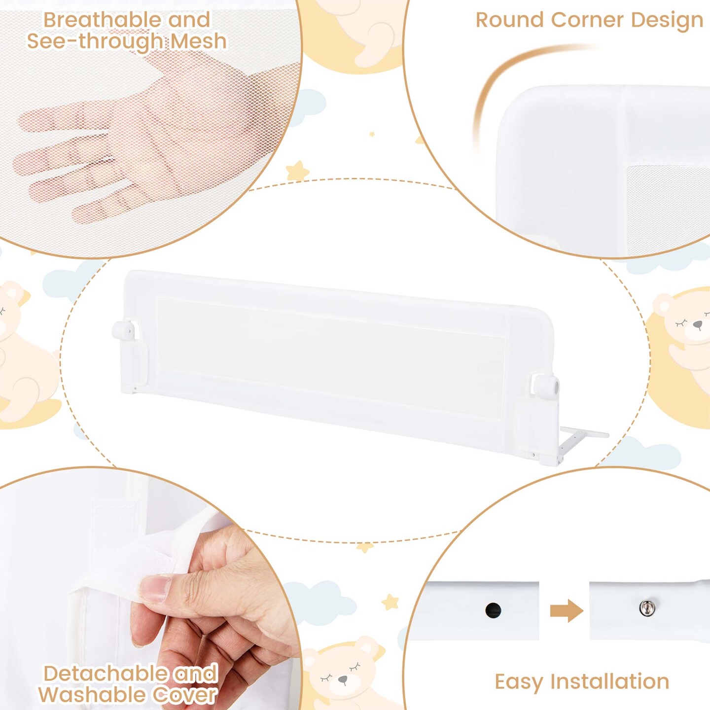 Babyjoy 60" Toddler Foldable Bed Rail with Adjustable Safety Strap Bedrail Guard White/Gray