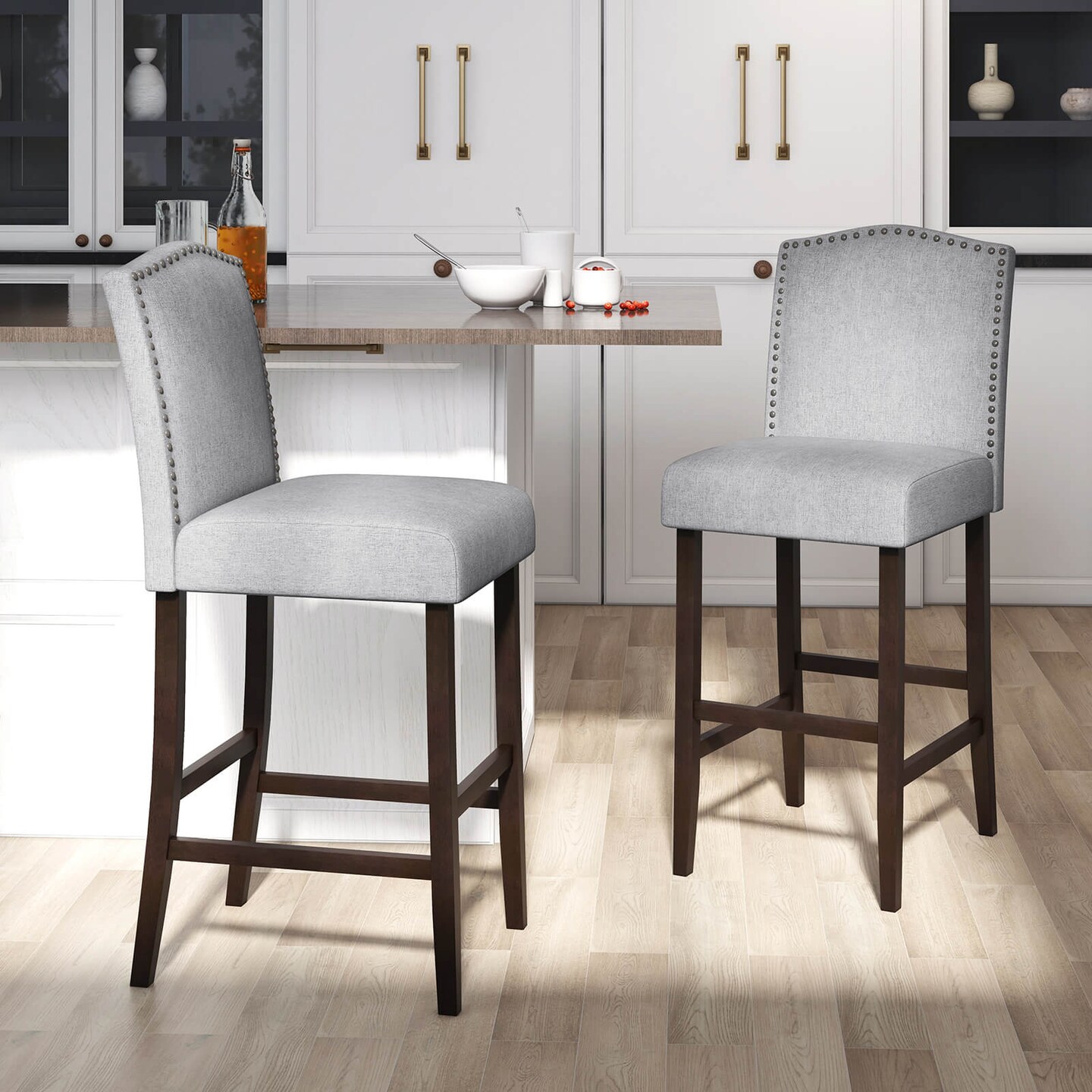 Costway Set of 2 Bar Stools 30&#x22; Upholstered Kitchen Breakfast Nailhead Bar Chairs Gray