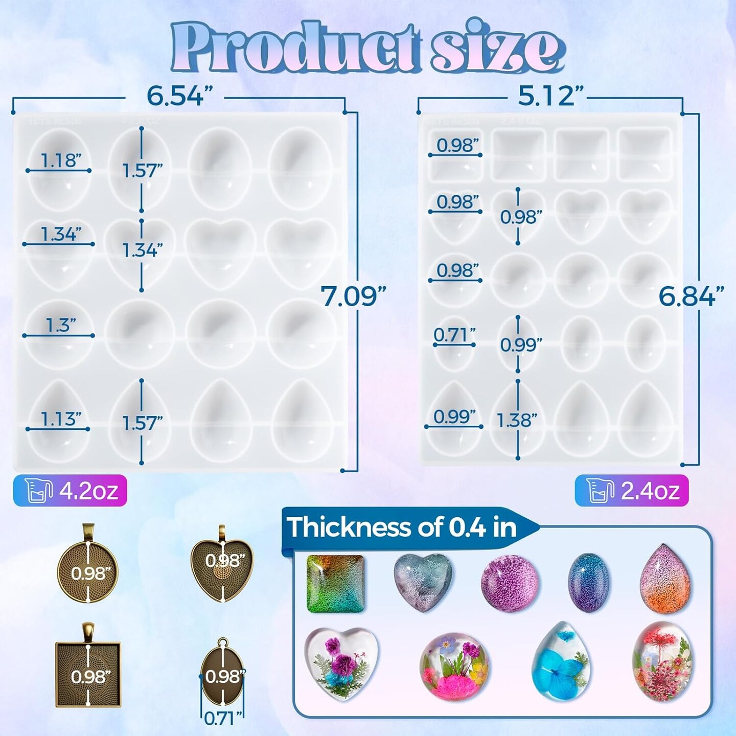 LET&#x27;S RESIN Cabochon Gems Resin Molds, 36 Cavities Thicker&#x26;Shiny UV Resin Molds Jewelry with 16 pcs Pendant Trays, Epoxy Molds for Beginner, jewelry making kits for Pendant,Earrings,Necklace,Keychains