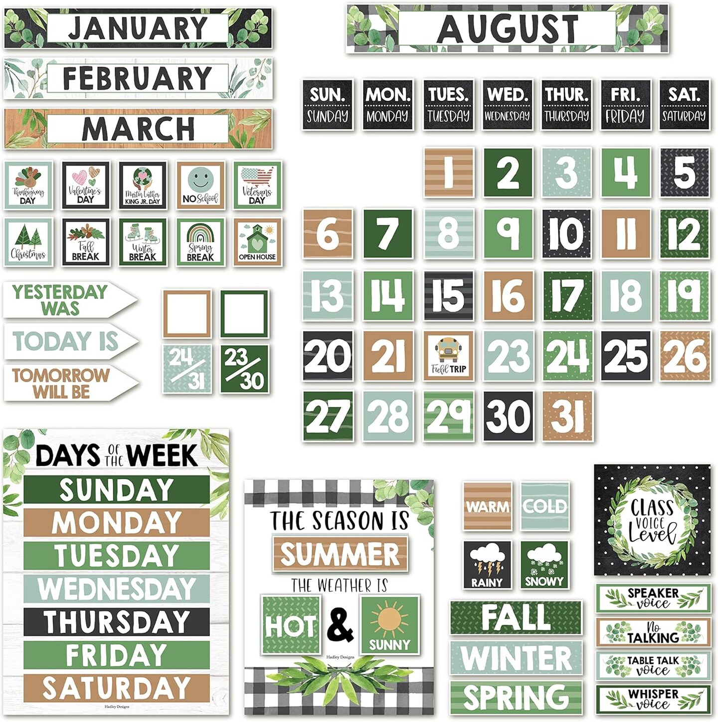 Classroom Calendar Set Bulletin Board Decor (Green, Brown, Black, White)