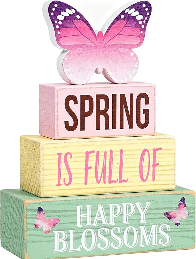 Spring Decoration Wooden Tiered Tray Decor – Butterfly Spring Stacked Block Sign with Floral Accents – Farmhouse Tabletop Spring Decor for Shelf Mantel Seasonal Home Display