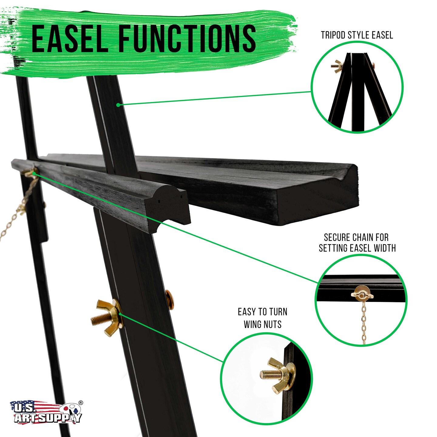 64&#x22; High Black Torrey Wooden A-Frame Tripod Studio Artist Floor Easel, Adjustable Tray Height, Hold 40&#x22; Canvas, Wood Display Holder Stand for Painting