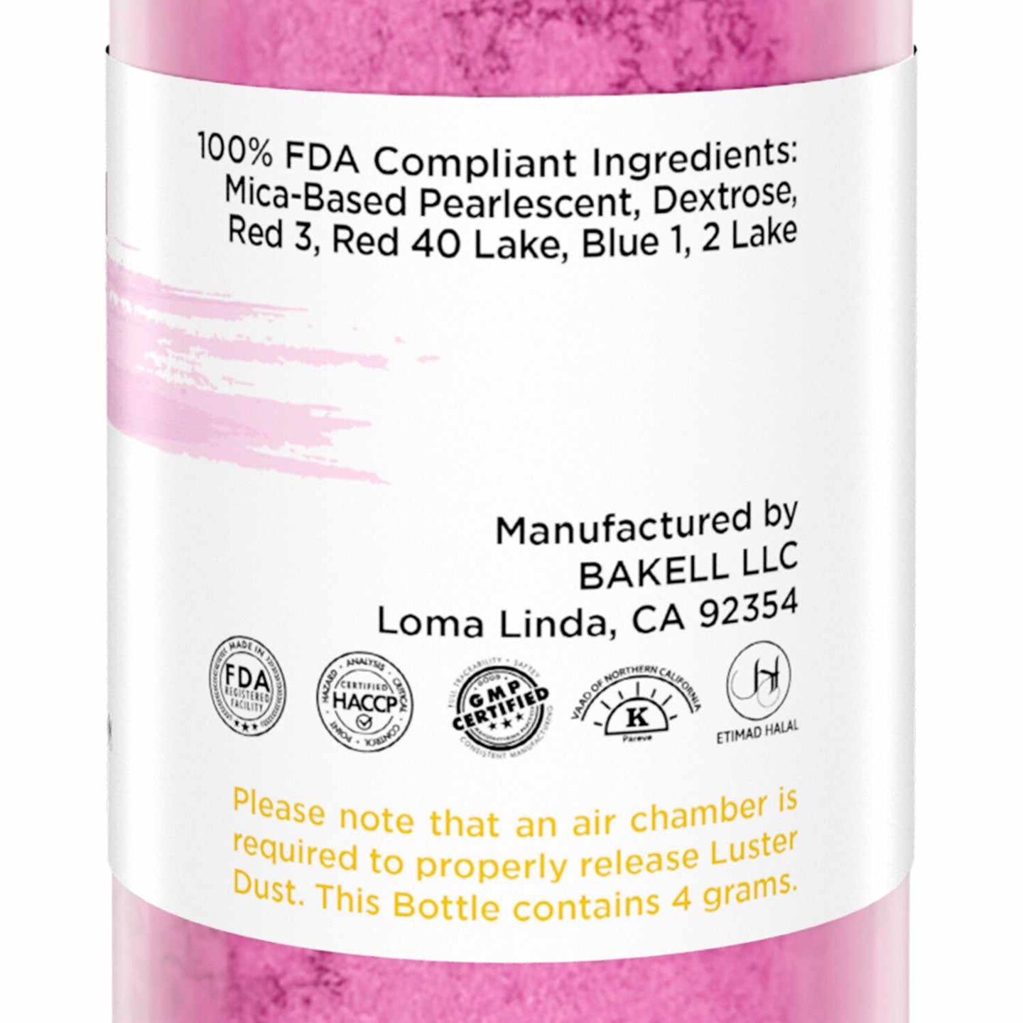 Bakell - Rose Pink Luster Dust (4g, 1x Pump) Edible Vegan Dust & Paint for Baking, Desserts and Beverages