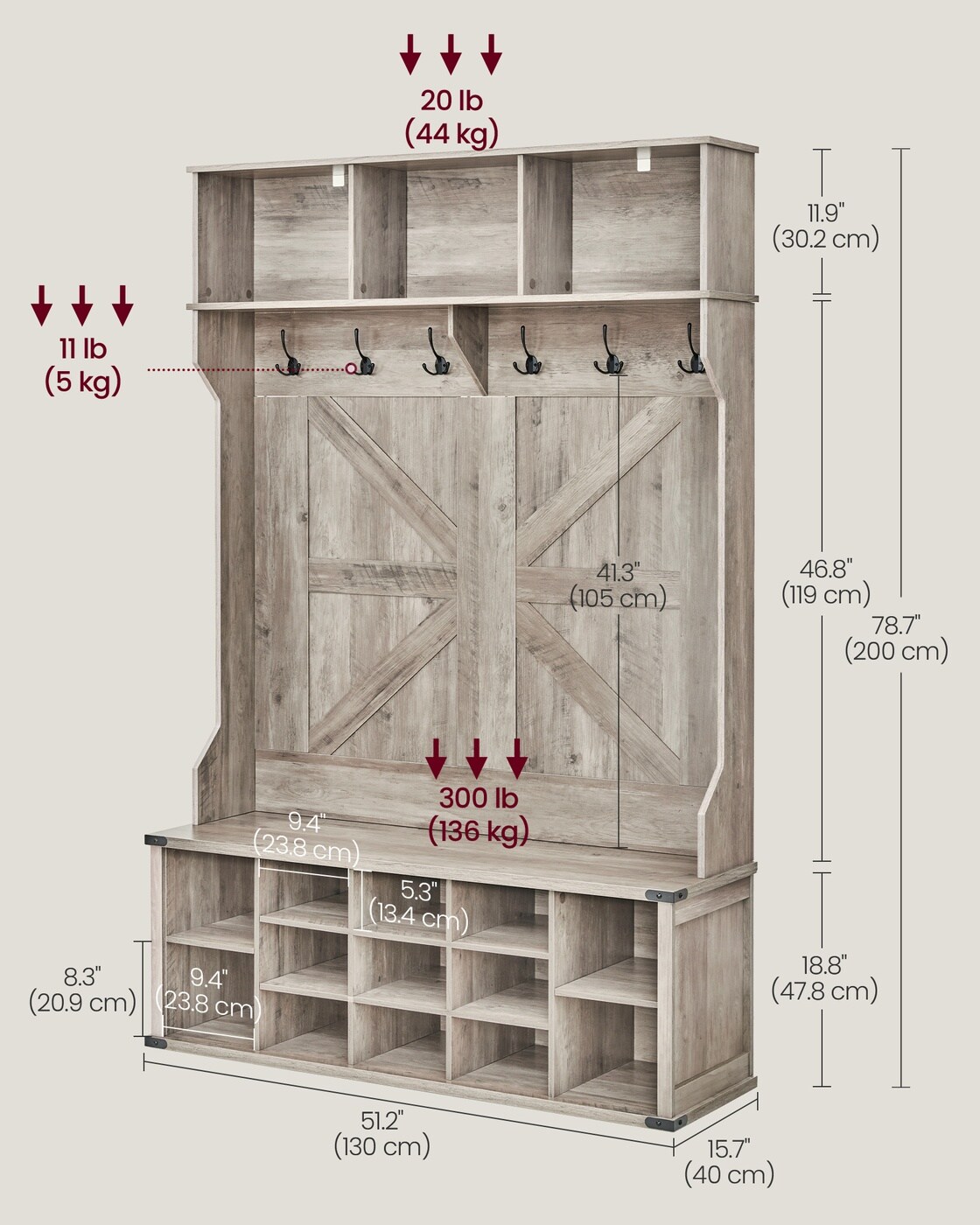 Farmhouse Style Entryway Hall Tree with Shoe Organizer and Bench, Multi function Coat Rack with Adjustable Storage Compartments and Hooks