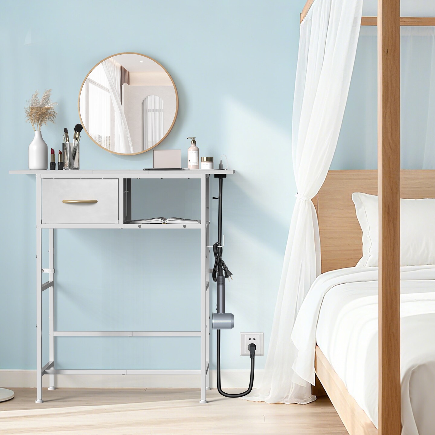 White Vanity Desk with Charging Station, Makeup Table with Drawer, Open Shelf, and Hair Dryer Hook