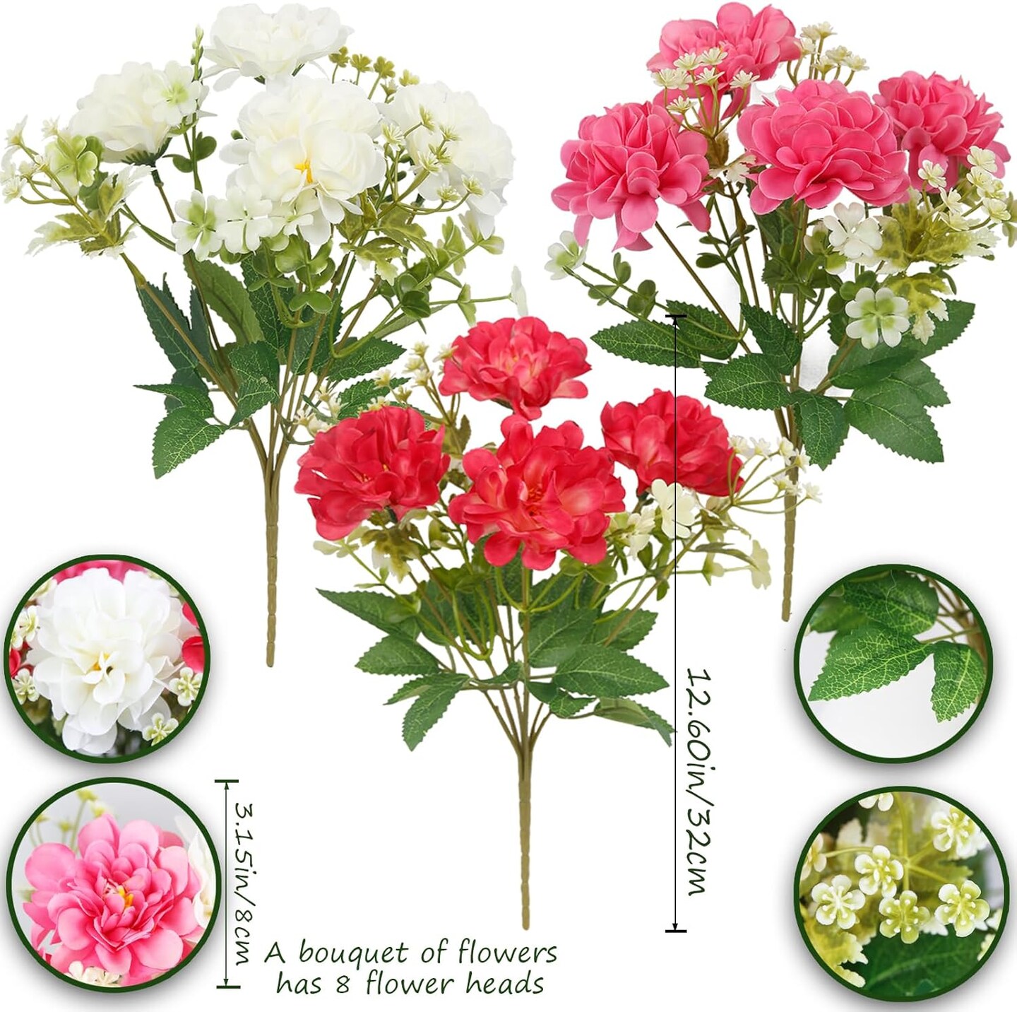 3 Pcs Artificial Flowers for Outdoors Faux Geraniums Bush UV Resistant Artificial Topiary for Potted Silk Flowers Outdoor for Planters Hanging Basket Window Front Porch Garden Patio Decor