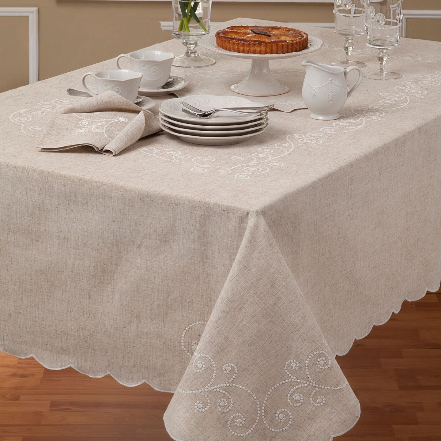 Lenox French Perle Linen Embroidered Tablecloth, Linen - 60"W x 102"L