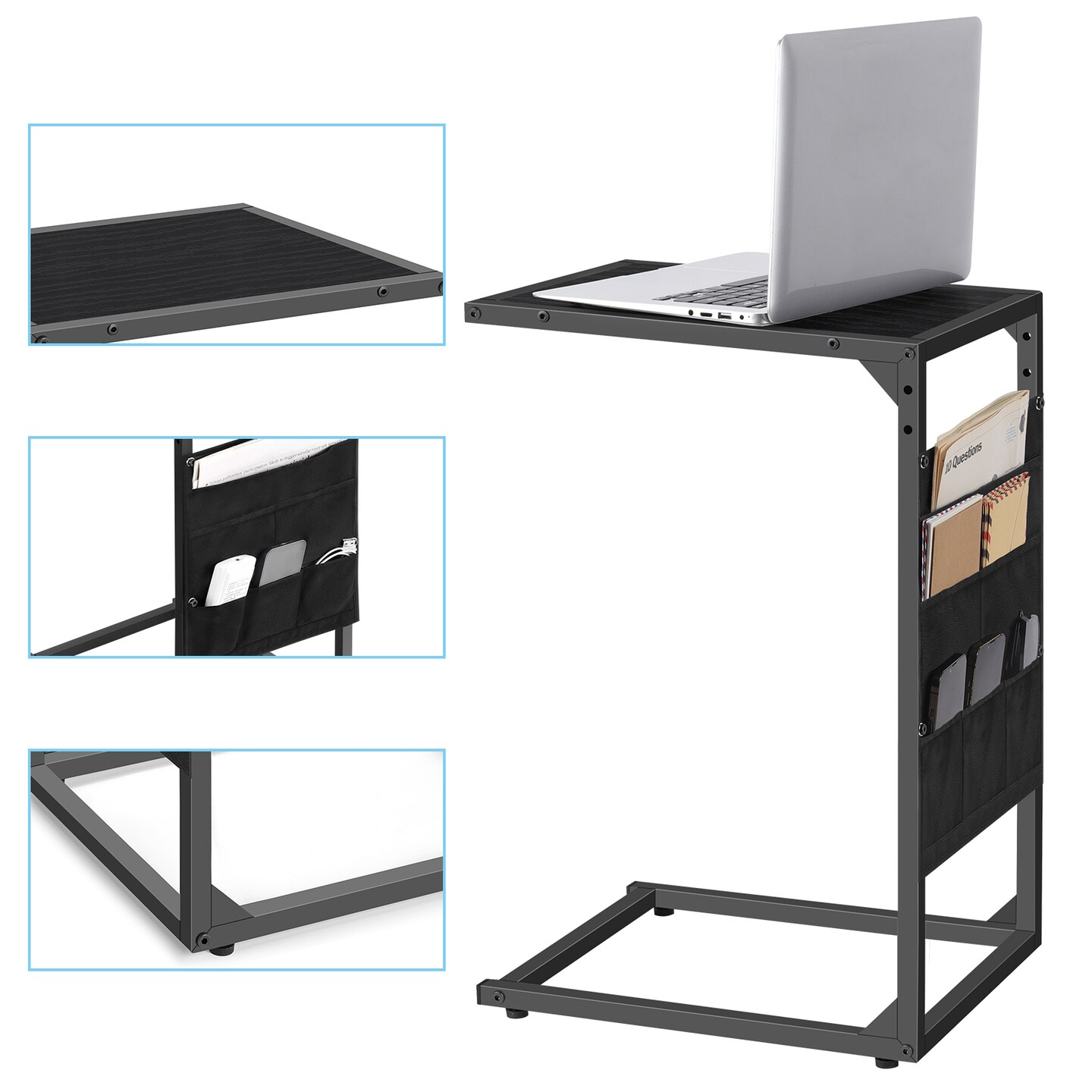2-Pack C-Shaped Sofa Side Tables with Storage Pockets, Black End Tables for Small Spaces