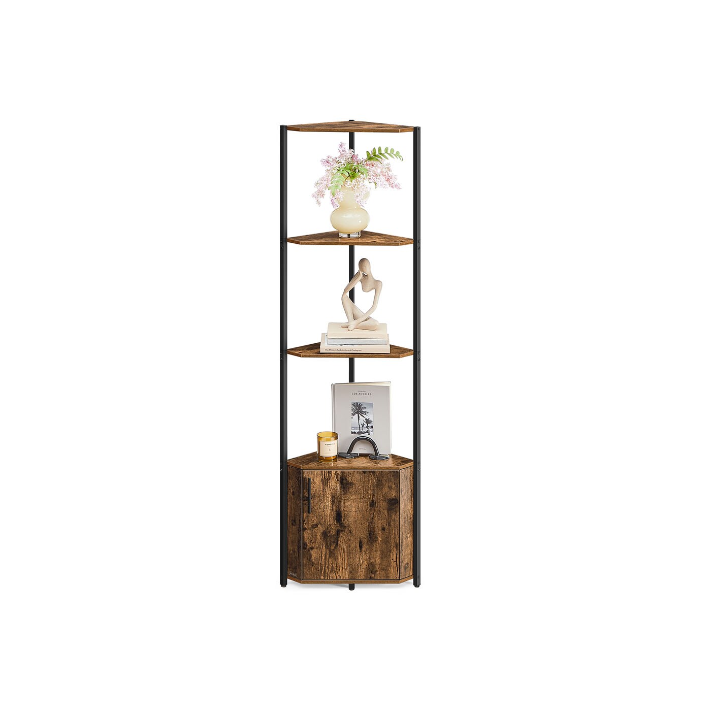 Multi Tier Corner Shelf Unit with Cabinet Door, Industrial Style Space Saving Corner Storage Organizer for Books Decor Plants