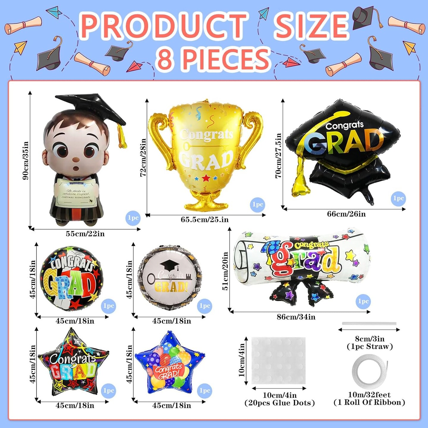 Graduation Party Balloons 2026 – 8PCS Congrats Grad Foil Balloon Set with Cap, Bear, Diploma & Trophy for Class of 2026 Decorations