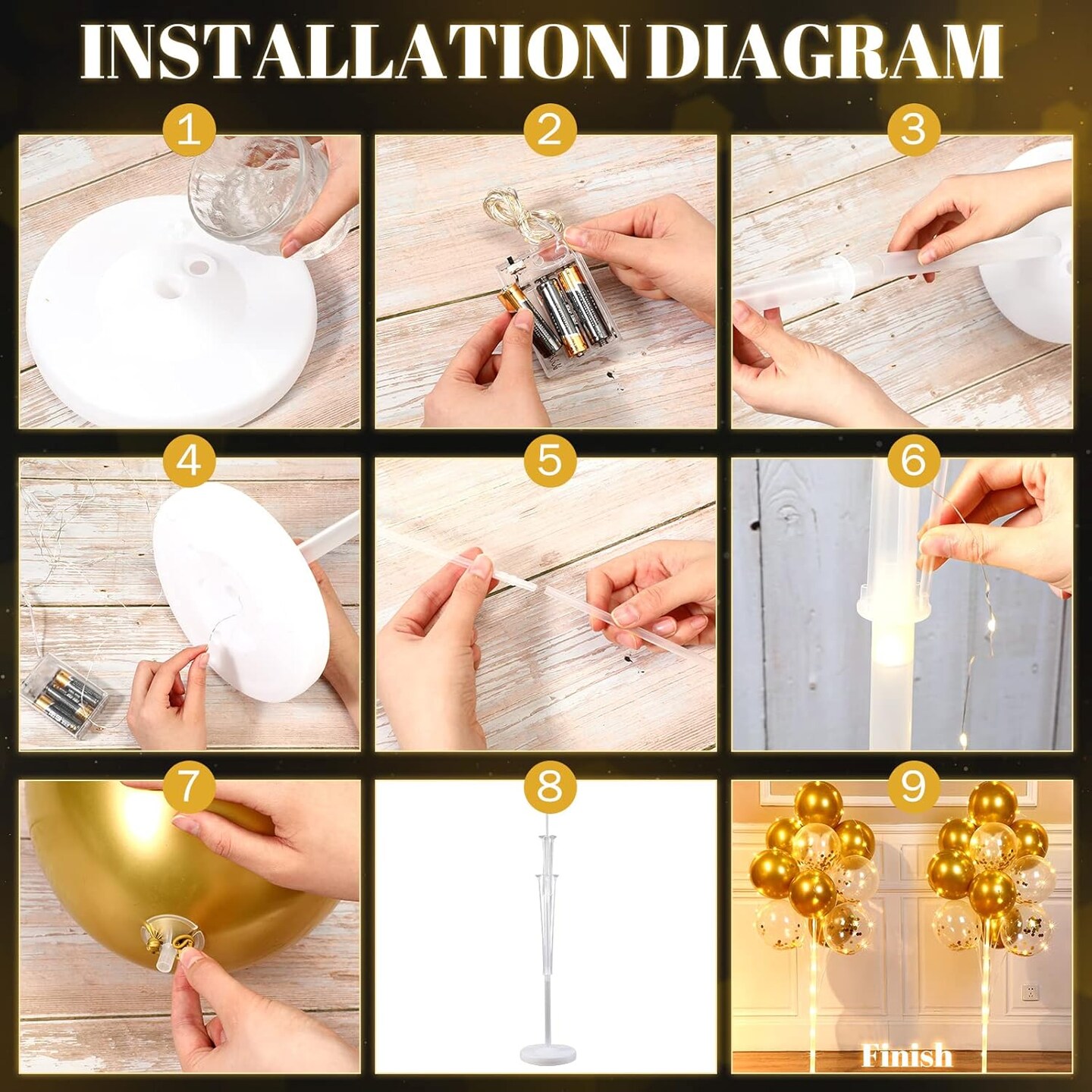 2 Sets Balloon Column Stand Kit with 40 Gold Balloons & LED String Lights, Floor Balloon Tower Centerpieces for Birthday, Wedding, Baby Shower & Party Decorations