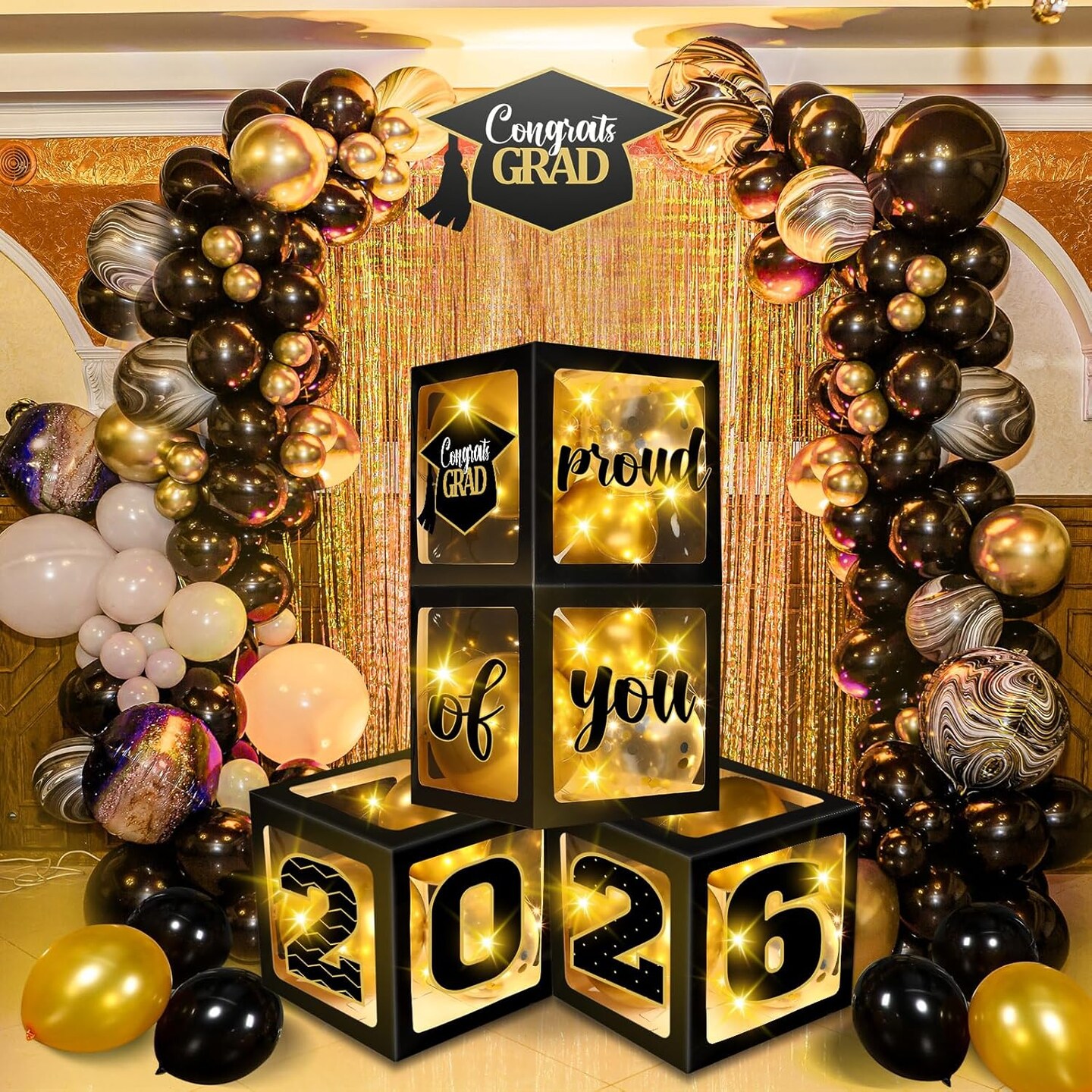 44 PCS Graduation 2026 Balloon Box Decoration Set, Black & Gold Congrats Grad Party Supplies with Transparent Boxes, LED String Lights & Balloons for Class of 2026 Celebration