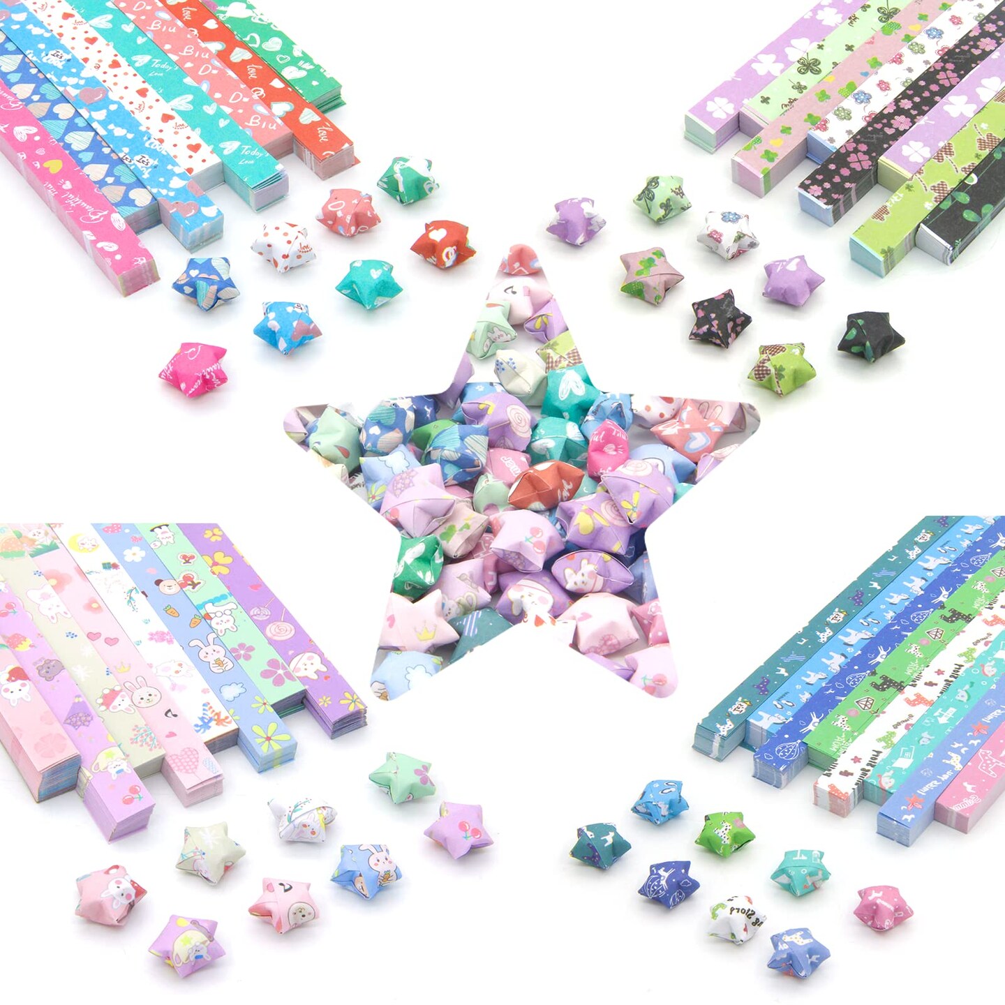 2240 Sheets Origami Star Paper Strips with 4 Different Designs of Cute Cartoon Origami for DIY Handcrafts