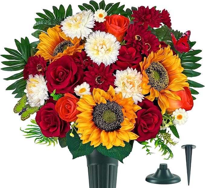 Artificial Cemetery Flowers,Memorial Flowers,Beautiful Arrangements for Headstones,Silk Sunflower Rose Berries Daisy