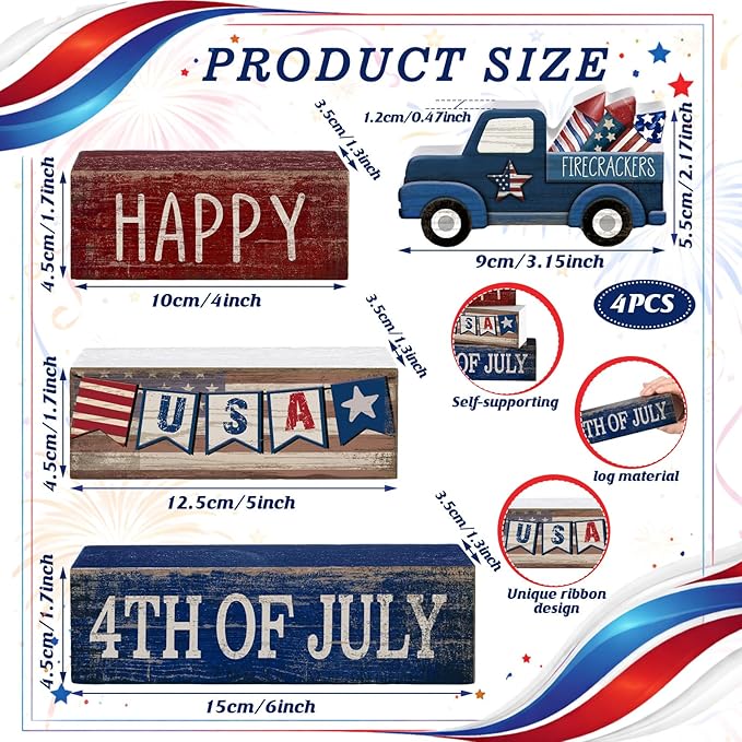 4 Pcs 4th of July Decorations Patriotic Memorial Day Tabletop Decorations Red White Blue Table Centerpieces Sign for Office Tiered Tray Home Shelf 250th Anniversary(Happy Usa)