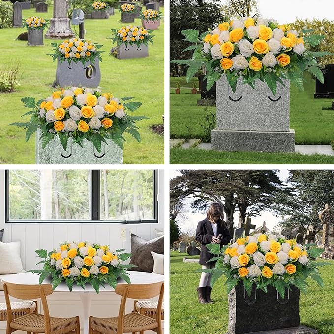 Cemetery Headstone Flower Saddle,Artificial Cemetery Flower Saddles for Graves,Artificial Rose Cemetery Memorial Flowers for Outdoor Tombstone Headstone Decorations (Yellow)