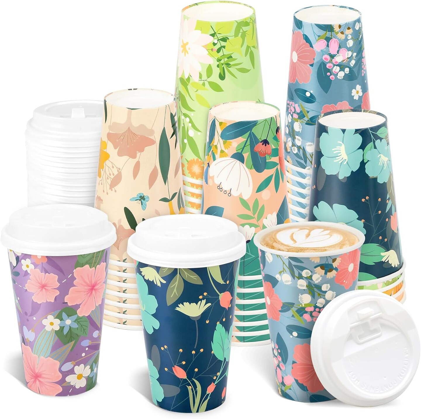 48-Pack 16 oz Floral Disposable Coffee Cups with Lids – Spring-Themed Paper Cups for Parties, Weddings & Events