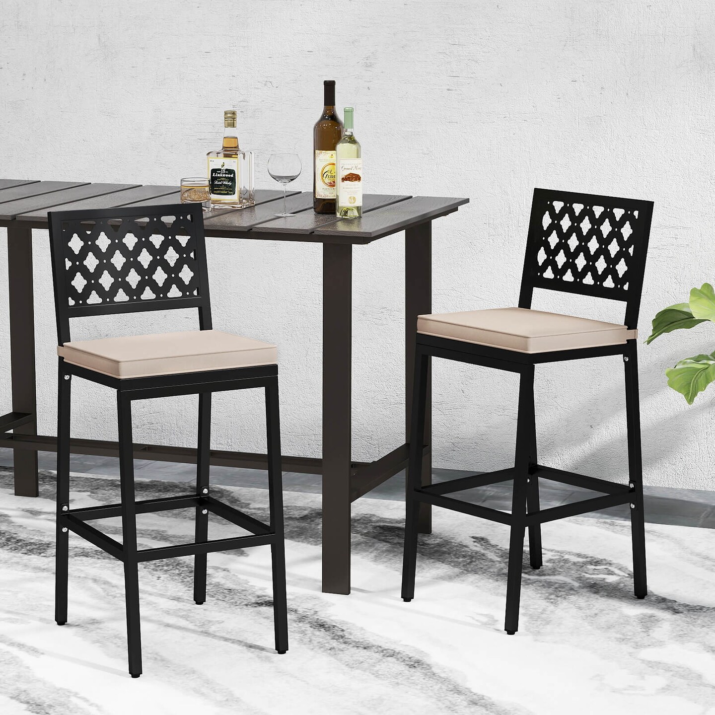 Costway Set of 2 Outdoor Bar Height Dining Chairs Patio Metal Bar Stools with Cushion