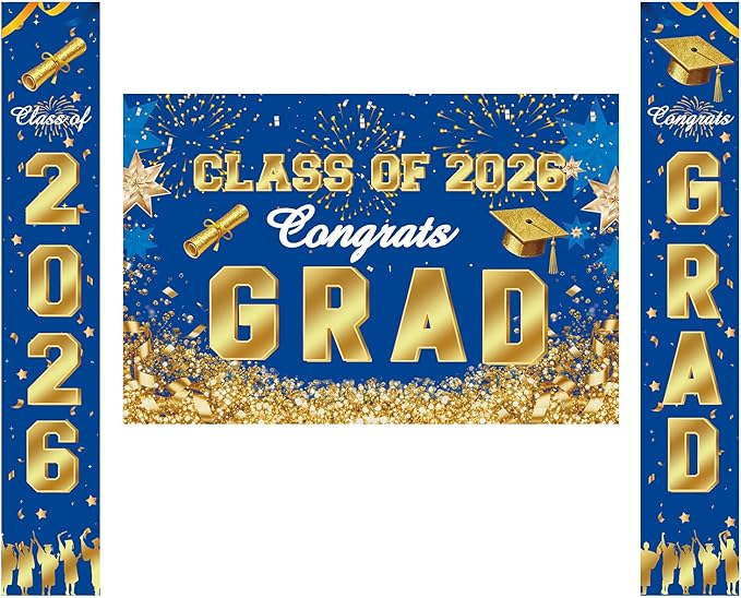 Class of 2026 Graduation Decorations - 3-Piece Blue and Gold Oxford Fabric Set: Congrats Grad Backdrop & 2-Pack Vertical Porch Banners - Durable Outdoor & Indoor Party Supplies