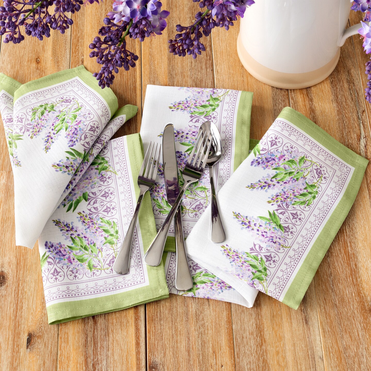Threadmade Home Lilac Garden Floral Dinner Napkins, Set of 4, Multicolor - 17"W x 17"L