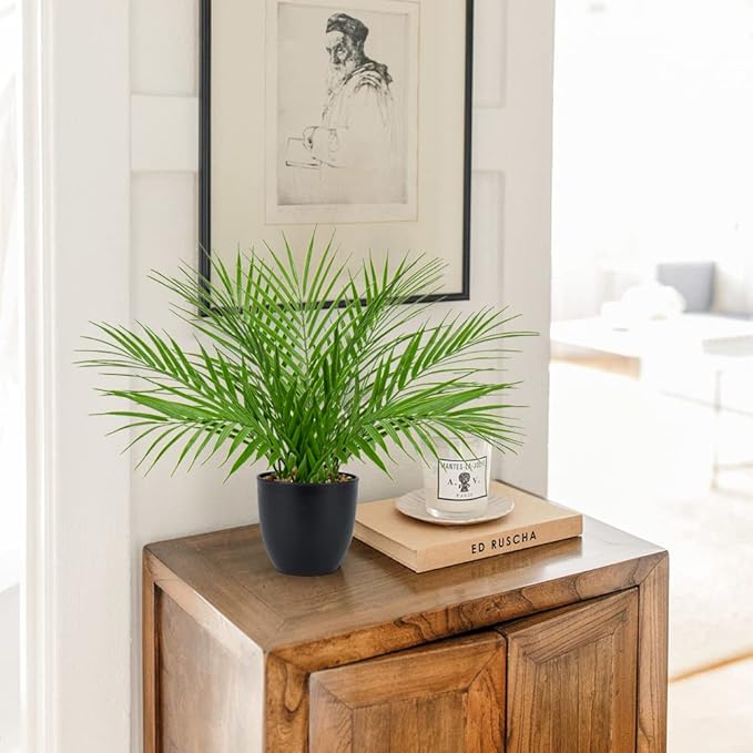 Fake Plant 15’’ Artificial Palm Plant in Matte Black Pot Realistic Faux Tropical Palm Tree Houseplant for Home Indoor Living Room Tabletop Bedroom Decorations
