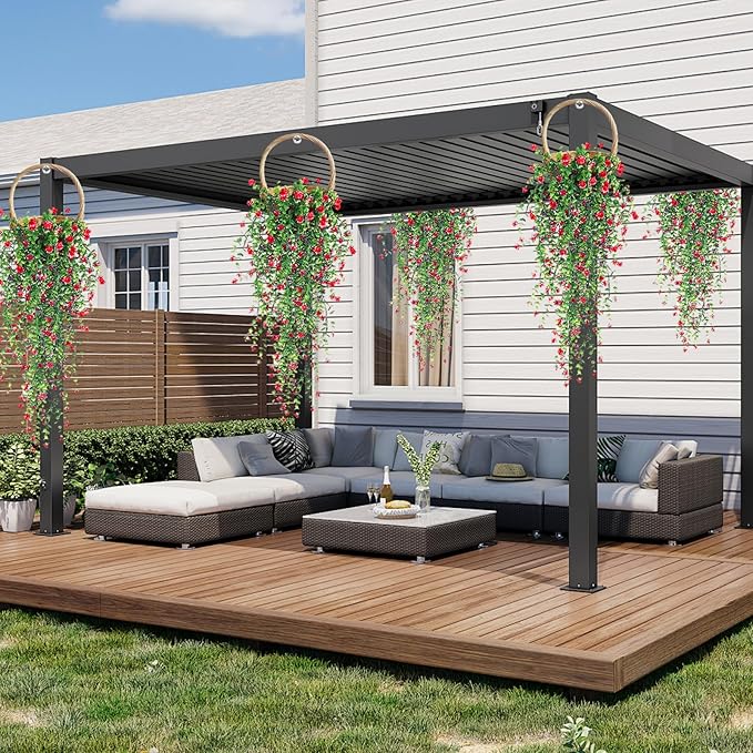 3 Pcs Artificial Hanging Flowers for Outdoors - UV Resistant Fake Trailing Vines, 30" Faux Hanging Plants with Dark Red Blooms, No Fade Silk Ivy for Garden, Porch, Patio & Indoor Wall Decor