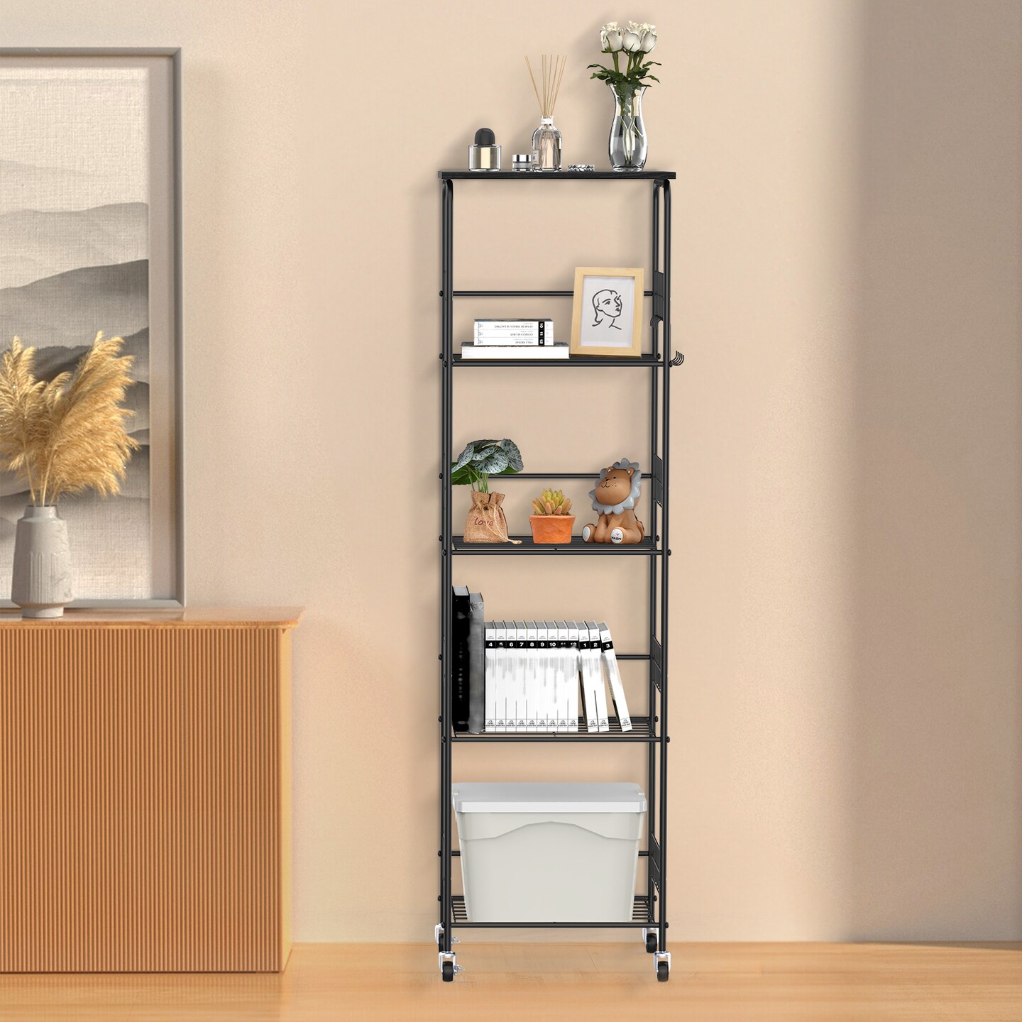 5-Tier Narrow Rolling Storage Cart with Wood Top, Black Metal Wire Shelving Unit with Wheels & Hooks