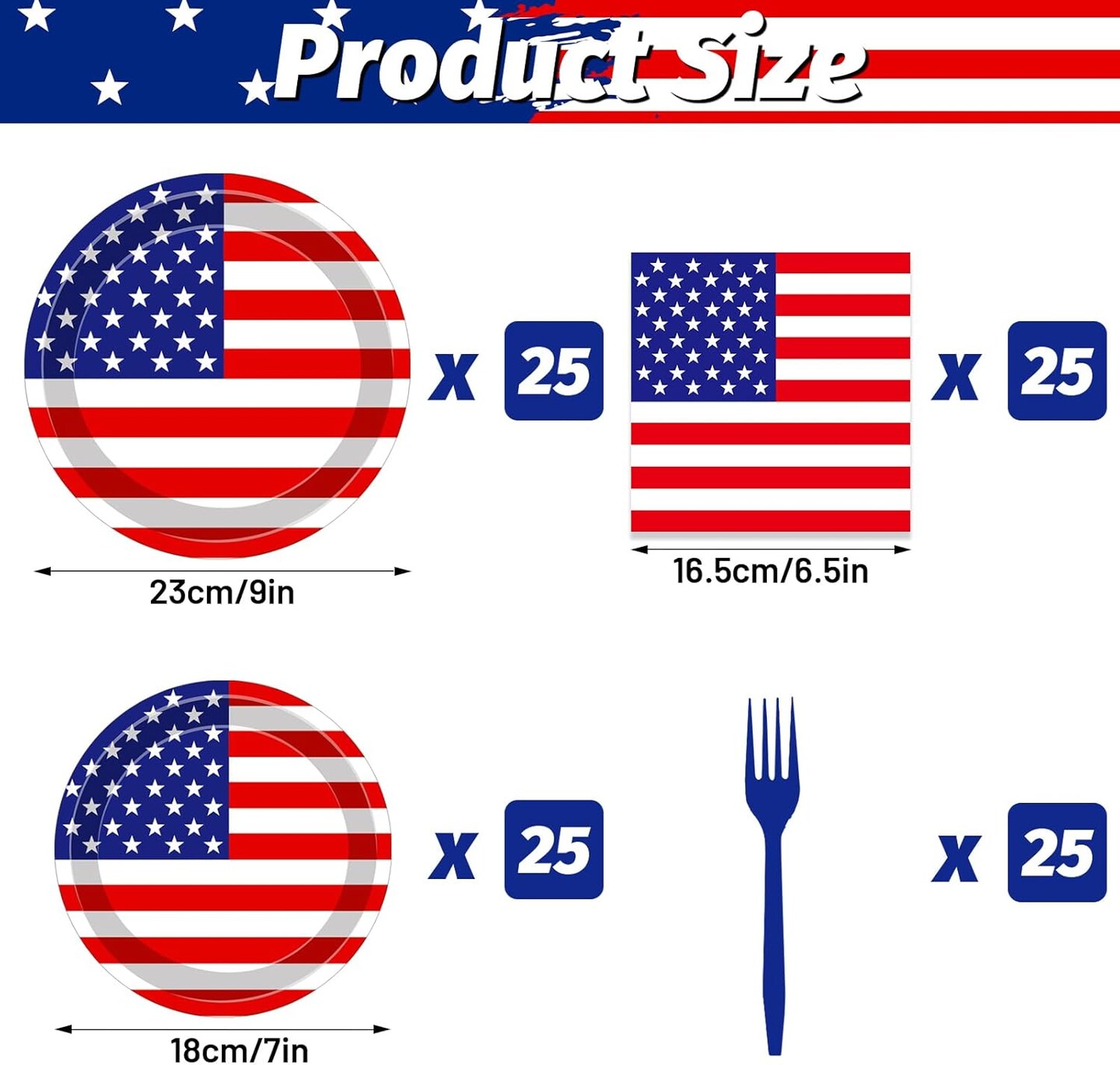 100PCS USA Flag Patriotic Party Supplies Set for 25 Guests – Red, White & Blue Disposable Tableware with Plates, Napkins & Forks (4th of July & Independence Day Decorations)