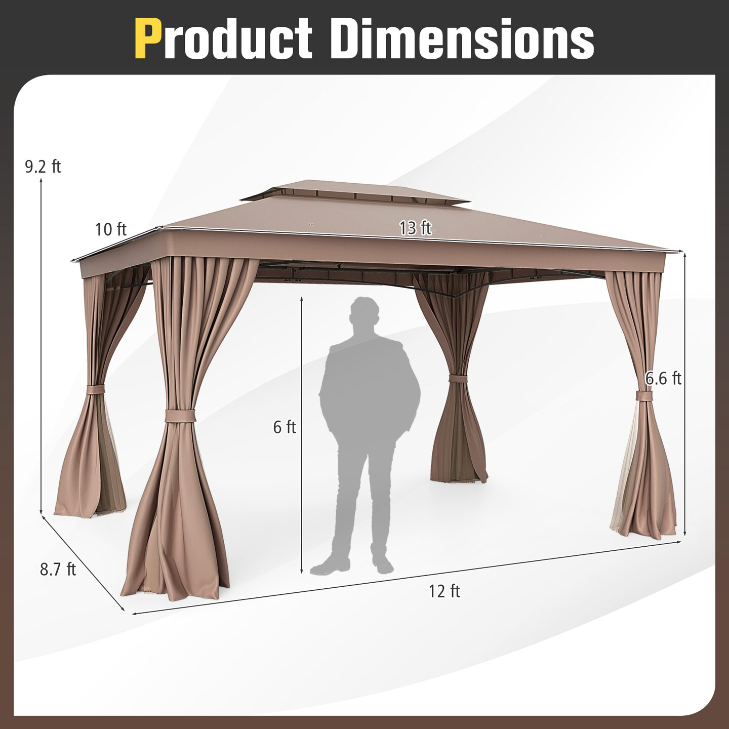 Outdoor 10x13 FT Soft Top Gazebo Tent with Double Roof, Mesh Curtains, Heavy Duty Metal Frame, Easy Install Patio Shelter for Garden and Events
