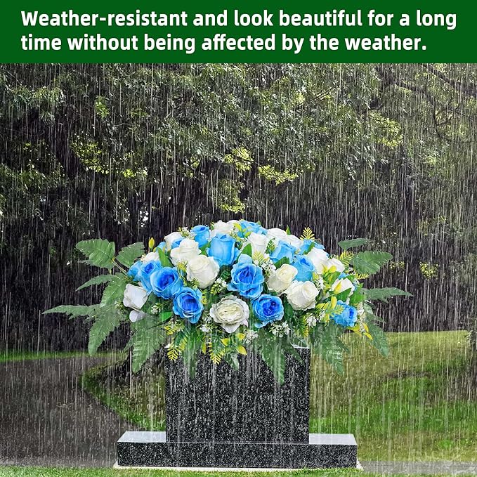 Artificial Cemetery Flower Saddles, Rose Headstone Flower Saddle Outdoor Grave Decorations,Cemetery Memorial Flowers with Vase for Grave Tombstone Decorations (Blue with White, Saddle)