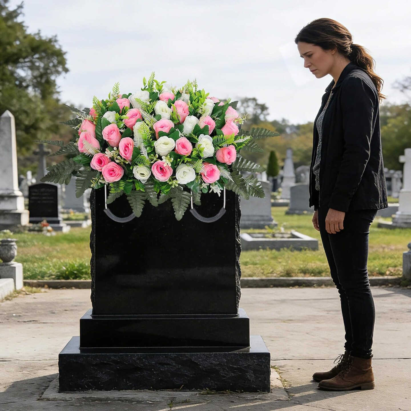 Artificial Cemetery Flower Saddles Cemetery Flowers for Grave Memorial Grave Flowers with Vases for Cemetery Decoration
