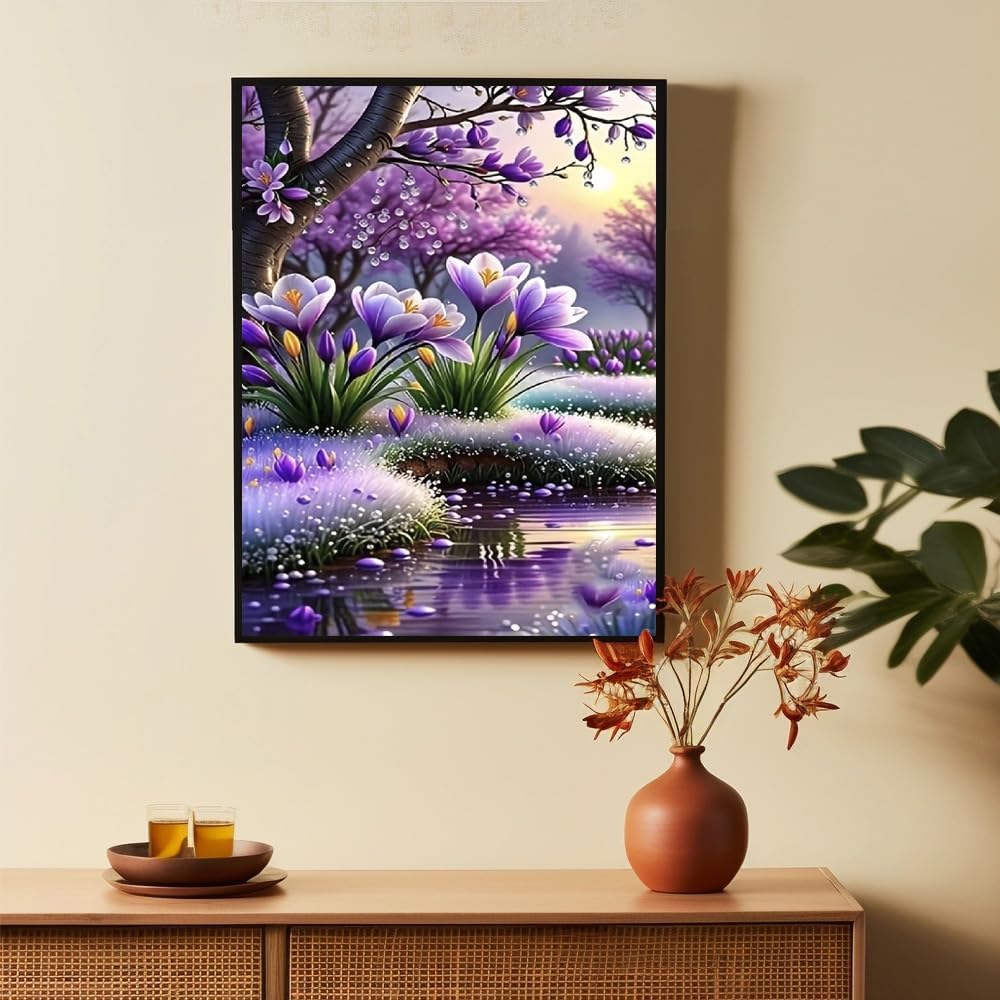 Purple Spring Flower 5D Diamond Art Kit – 12x16” Full Round Drill DIY Landscape Painting – High-Definition Waterproof Gem Art for Adults & Beginners – Shimmering Floral Rhinestone Wall Decor