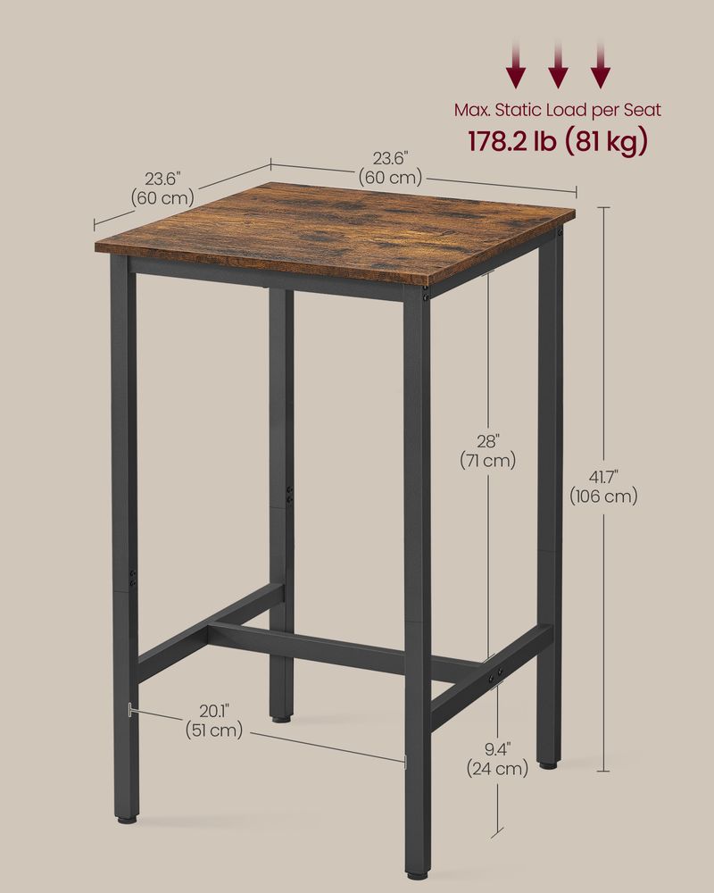Square Bar Table Kitchen Dining Table Small Space Pub Table Rustic Brown Black