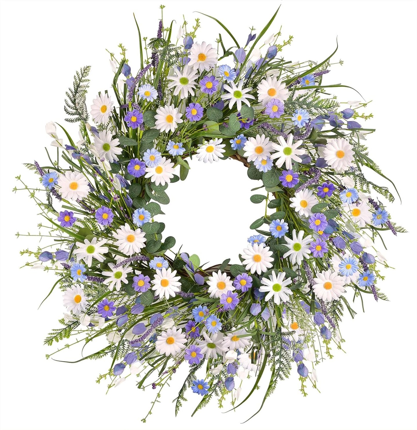 24 Inch Purple Daisy Flower Wreath for Front Door, Artificial Spring Summer Wreath with Lavender & Green Eucalyptus Leaves, Large Floral Farmhouse Decor for Wall, Window, Wedding & Indoor Displays
