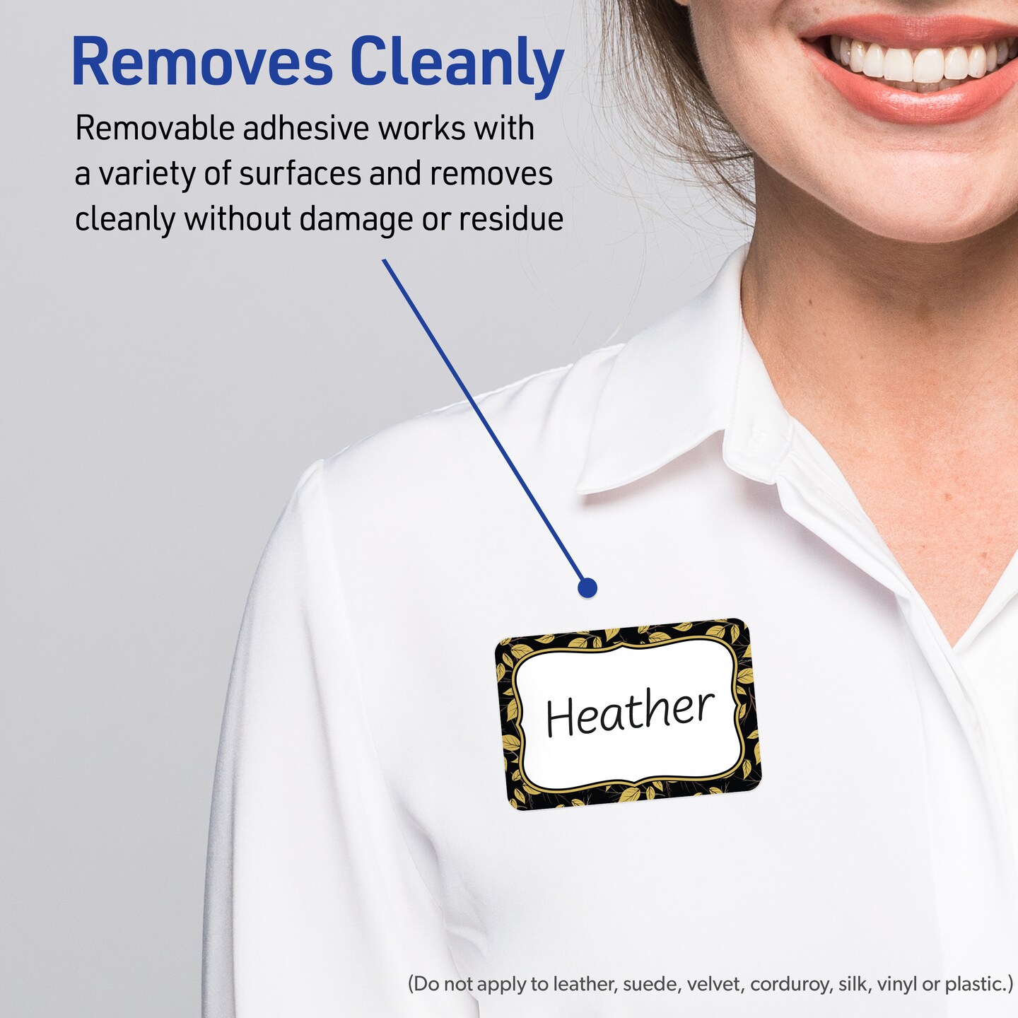 Avery® Printable Adhesive Name Badges, 2-1/3" x 3-3/8", Pre-printed Flourished Black Border w/ Golden Leaves Design, Matte White, Laser & Inkjet Compatible, 80 Total