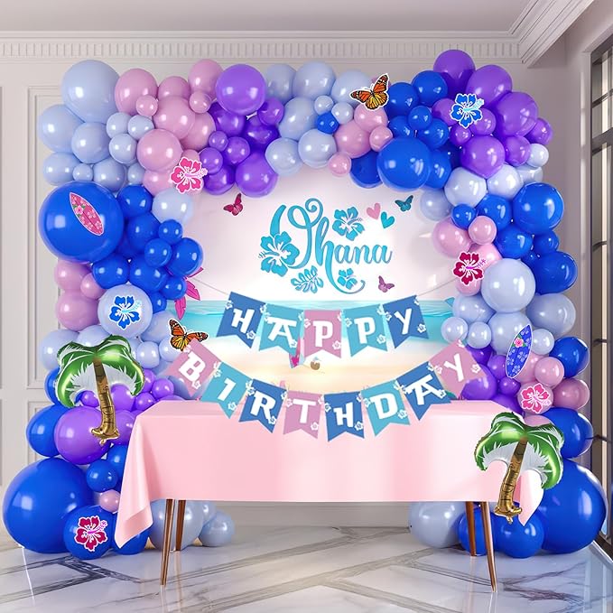 Blue pink purple Balloon Hawaii Garland Kit with Ohana theme backdrop and birthday banner plam tree mylar balloons for Summer aloha cartoon birthday party gender reveal Baby shower decorations