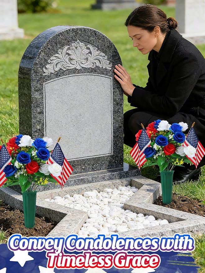 Memorial Day Cemetery Flowers for Grave - Weatherproof Red White Blue Bouquet with American Flags & Vase, Grave Decorations for Veterans Cemetery Headstones (2 Pack)