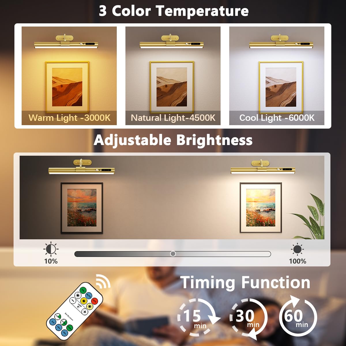 Motion Sensor Battery Operated Wall Sconce, Wireless Picture Lights for Wall, Rechargeable Magnetic Art Lighting with Remote Control, Battery Picture Light for Poster Dartboard Mirror – Gold