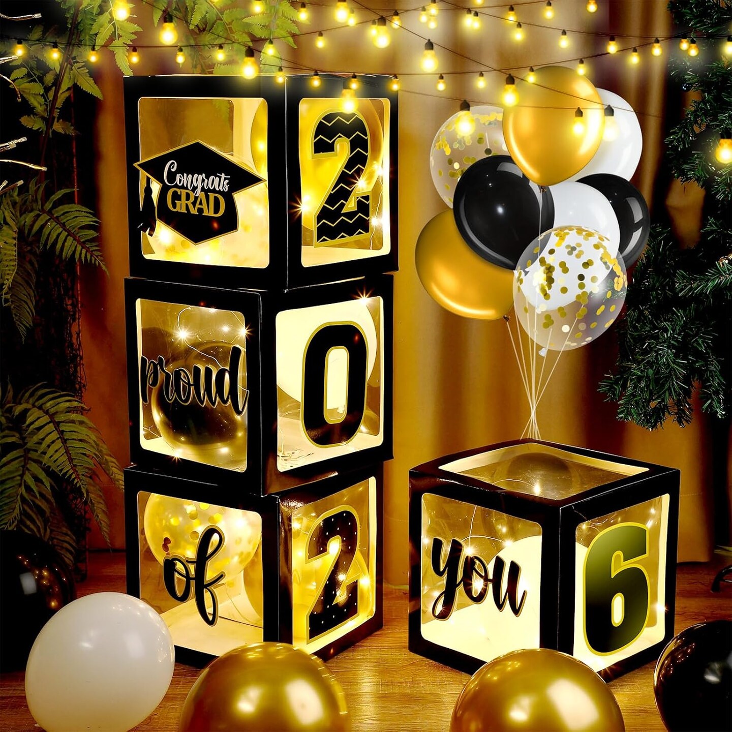 44 PCS Graduation 2026 Balloon Box Decoration Set, Black & Gold Congrats Grad Party Supplies with Transparent Boxes, LED String Lights & Balloons for Class of 2026 Celebration