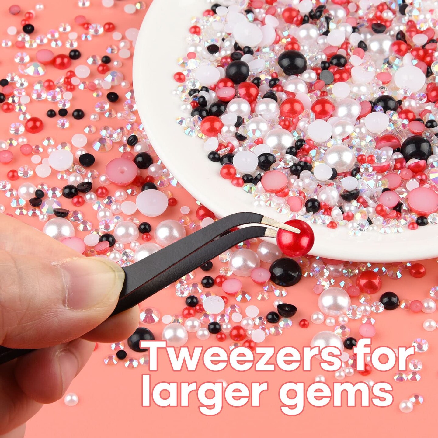 50g Mix Flatback Rhinestones Half Pearls for Crafts Mixed Size 3mm-10mm Flat Back Rhinestones for Crafts Flatback Pearls for DIY Tumblers Mugs Nail Art Shoes Clothes (Red Black Series)