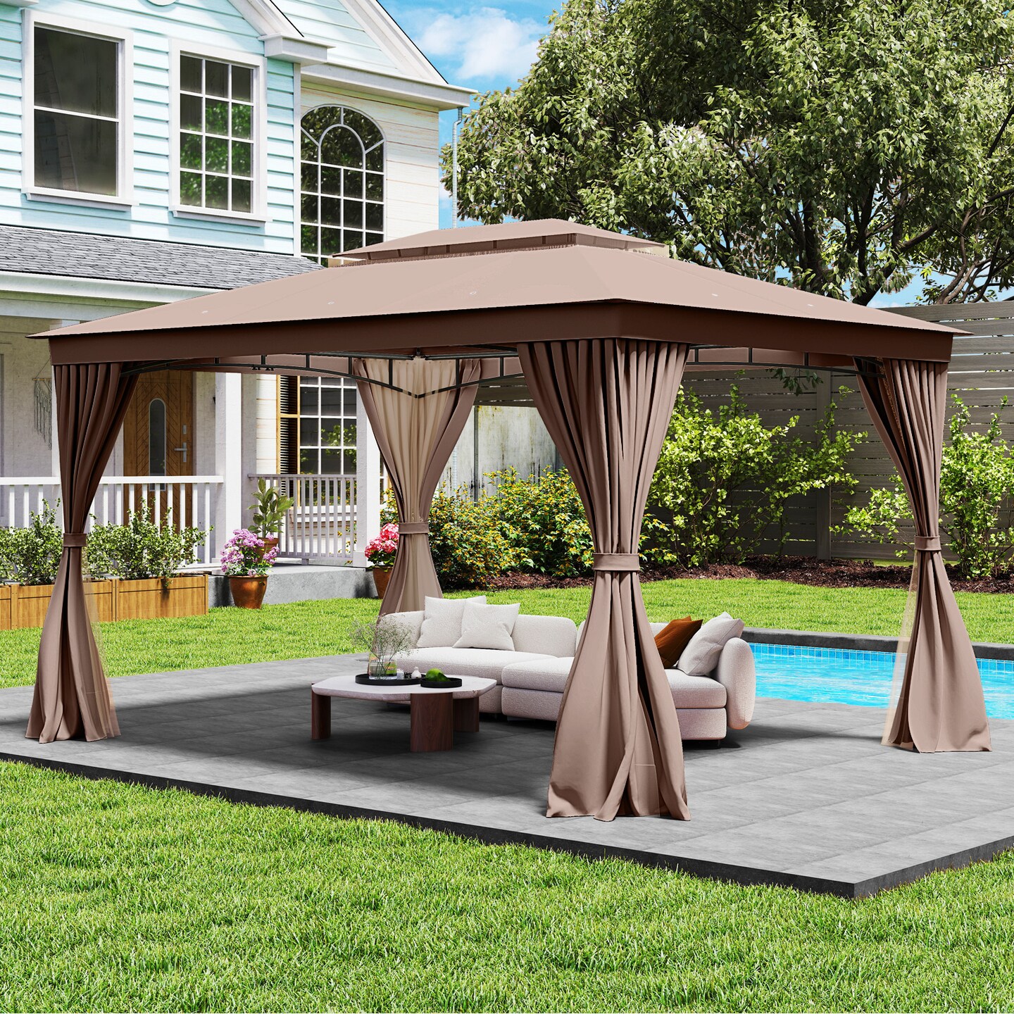 Outdoor 10x13 FT Soft Top Gazebo Tent with Double Roof, Mesh Curtains, Heavy Duty Metal Frame, Easy Install Patio Shelter for Garden and Events
