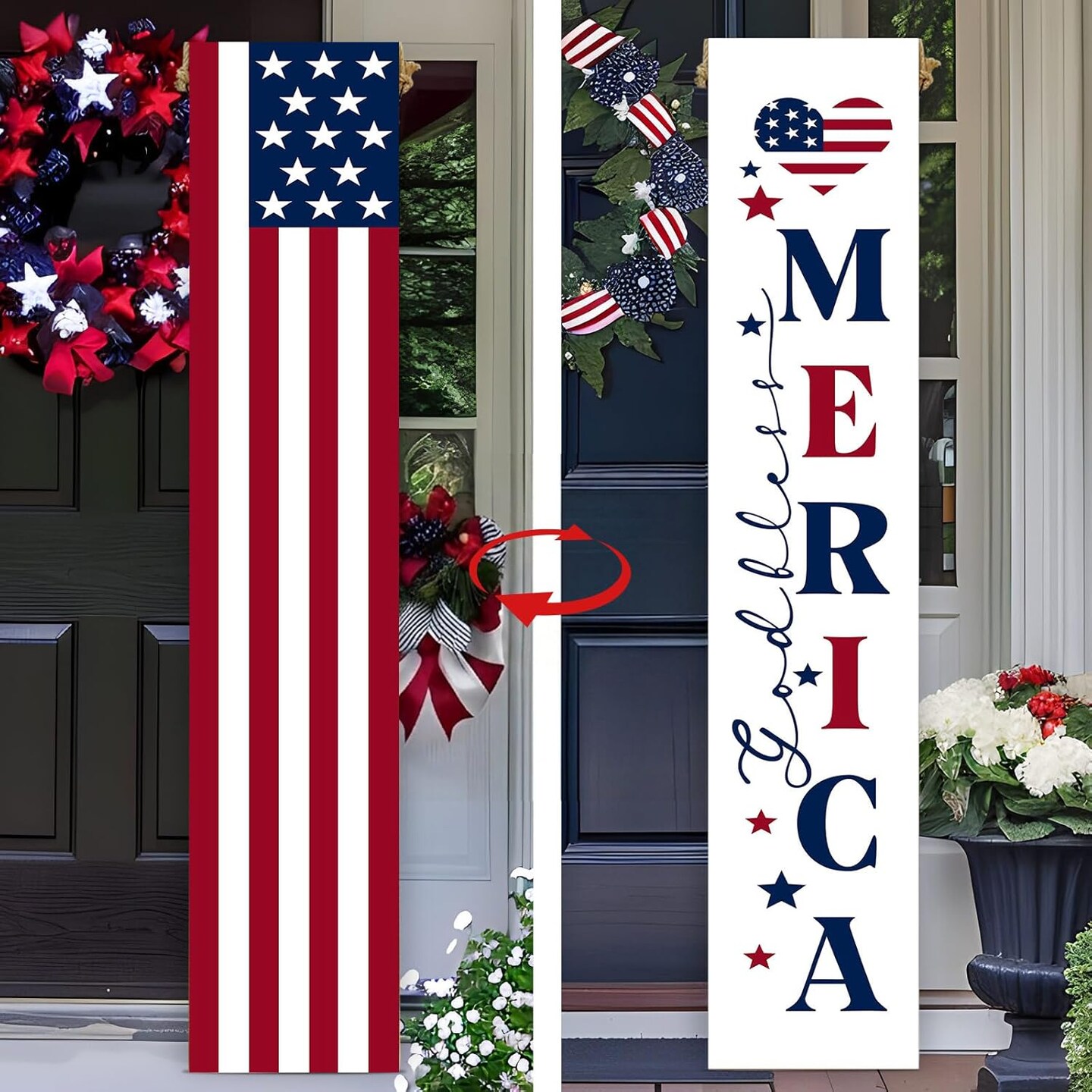 47.2" Double-Sided Patriotic Wooden Porch Sign - Reversible USA Flag & God Bless America Vertical Standing Board - 4th of July, Memorial Day & Independence Day Outdoor Front Door Decor