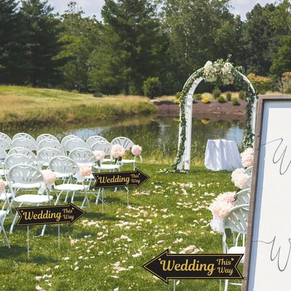 4PCS Wedding Directional Arrow Signs with Stakes – Black & Gold “This Way” Garden Signs for Ceremony & Reception
